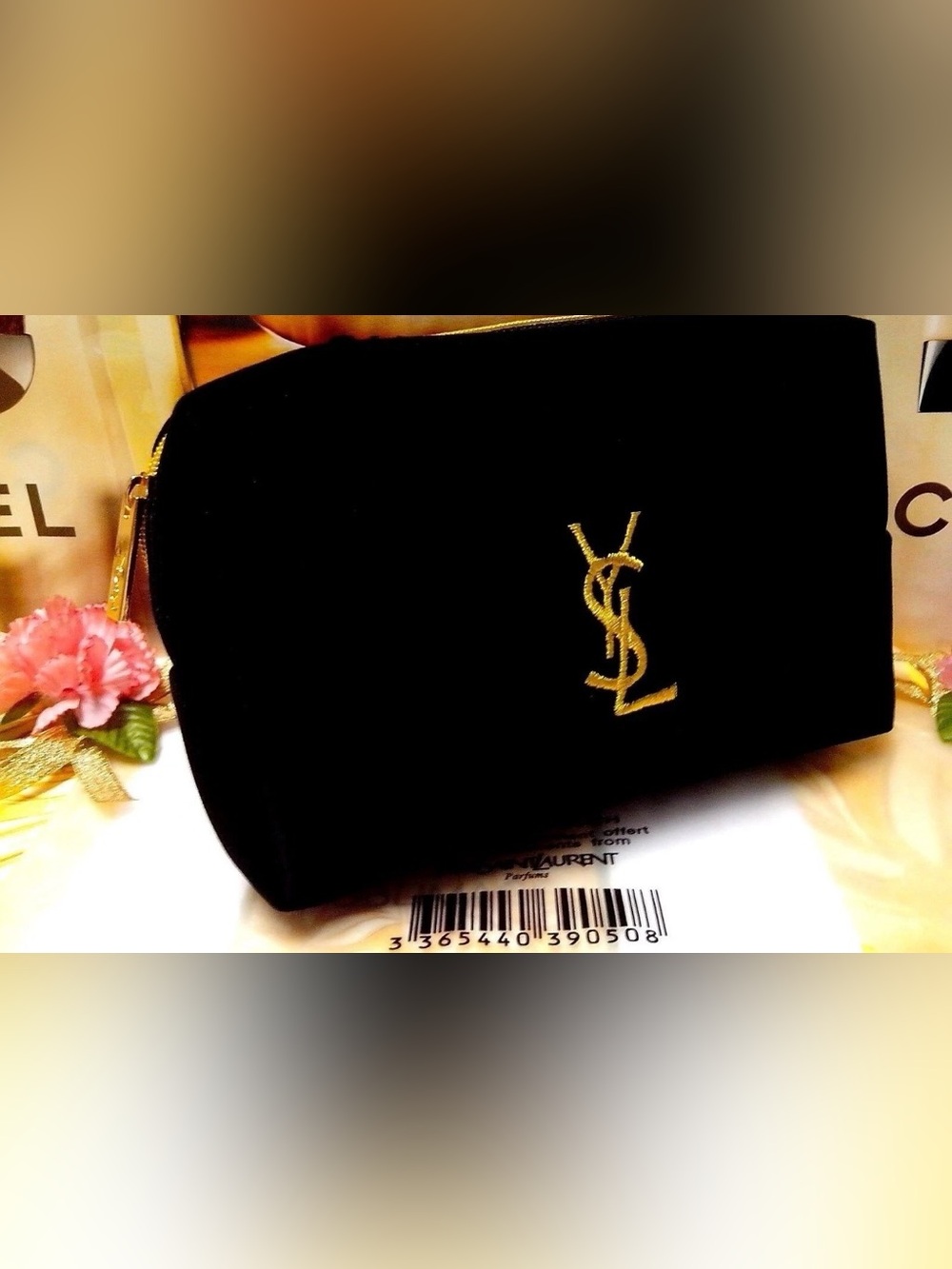 Yves Saint Laurent Black Cosmetic Pouch with Gold YSL Logo